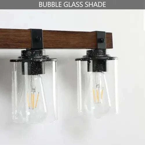 Farmhouse Dresser Lamps with black iron frame and walnut wood accent featuring transparent bubble glass shades