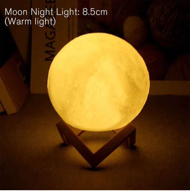 Moon Lamp emitting warm yellow light with detailed lunar surface on a natural wooden stand in dark setting