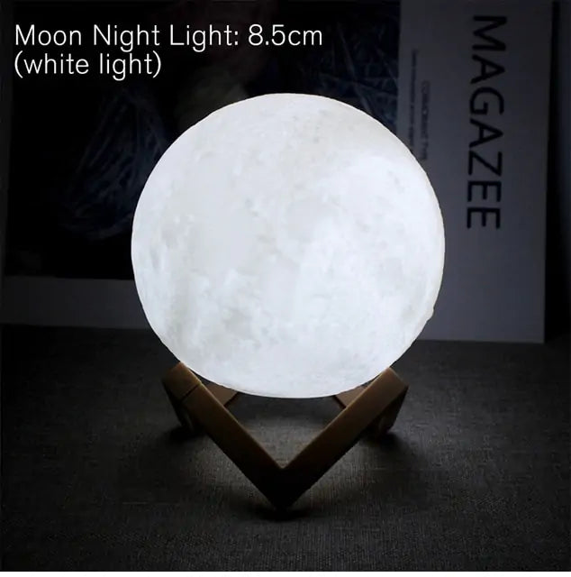 Moon Lamp with white LED light and detailed lunar surface texture on a natural wooden V-shaped stand glowing softly
