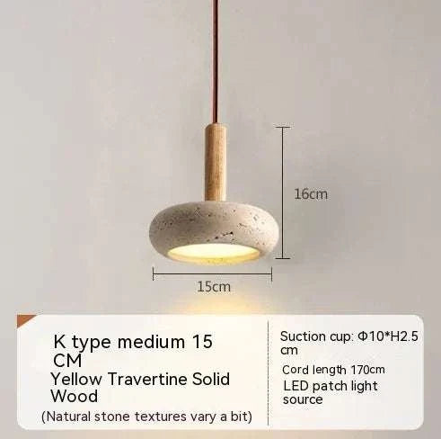 Retro Lux Drop Light pendant lamp with yellow travertine solid wood, 15cm diameter, natural stone texture, modern minimal design