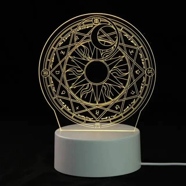 3D LED Lamp with white base featuring a round optical illusion design of sun and moon symbols in warm white light