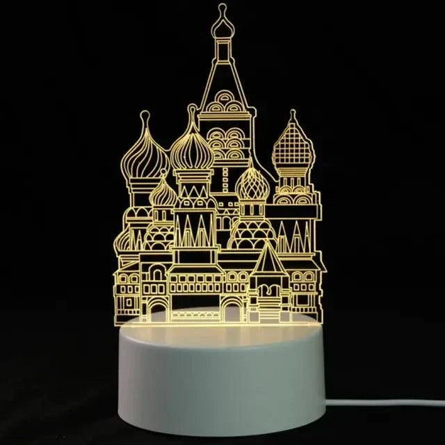3D LED Lamp with a white base and intricate yellow light pattern resembling a Russian-style cathedral with domes and towers