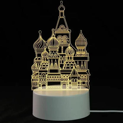 3D LED Lamp with a white base and intricate yellow light pattern resembling a Russian-style cathedral with domes and towers
