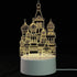 3D LED Lamp with a white base and intricate yellow light pattern resembling a Russian-style cathedral with domes and towers