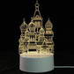 3D LED Lamp with a white base and intricate yellow light pattern resembling a Russian-style cathedral with domes and towers