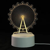 3D LED Lamp featuring a white base and a yellow illuminated optical illusion design of a Ferris wheel, sleek and modern