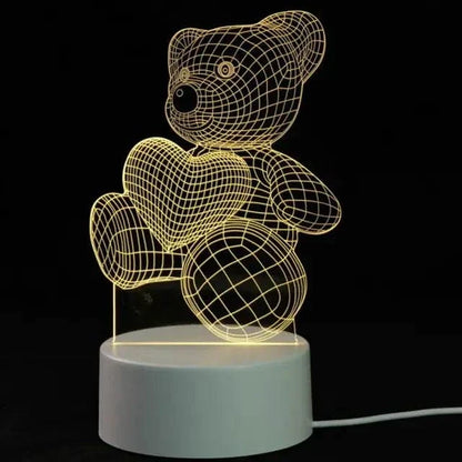 3D LED Lamp featuring a yellow wireframe teddy bear holding a heart, with a white round base and illuminated lines
