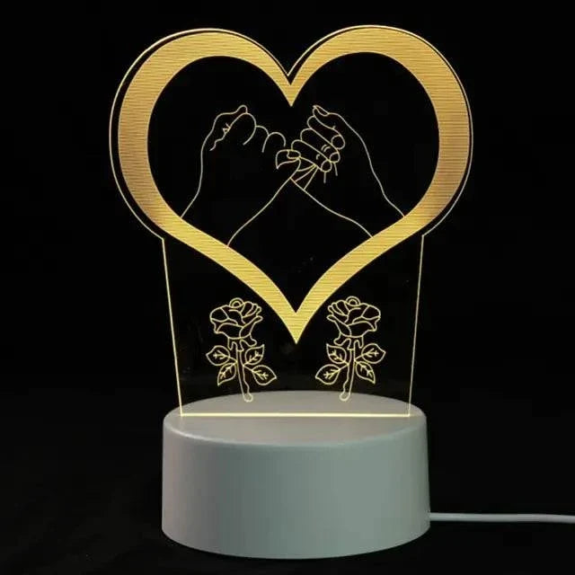 3D LED Lamp featuring a glowing yellow heart outline with two hands making a pinky promise and two roses below