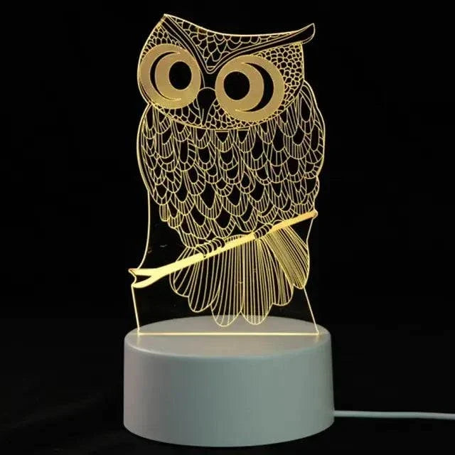 3D LED Lamp featuring a yellow illuminated owl design with intricate feather details on a white round base