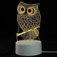 3D LED Lamp featuring a yellow illuminated owl design with intricate feather details on a white round base