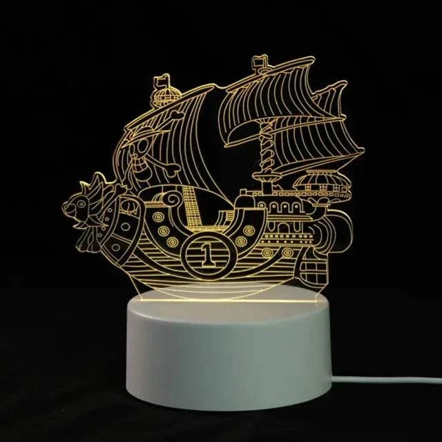 3D LED Lamp featuring a yellow illuminated pirate ship design with intricate line details on a white circular base