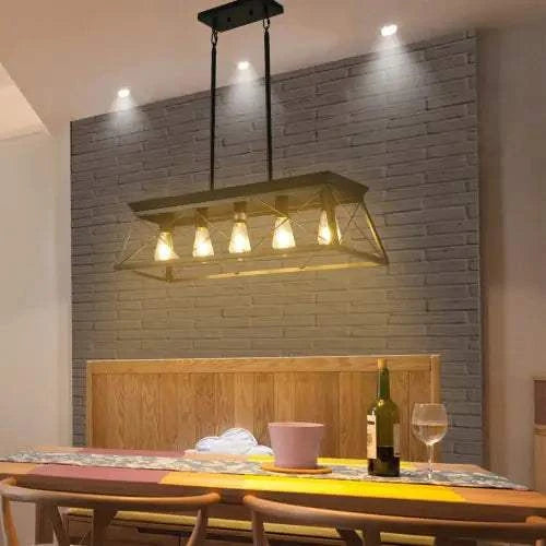 Black iron farmhouse chandelier with five lamps for dining room ceiling