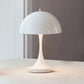 Portable rechargeable LED lamp with metal shade and dimming feature on a wooden table