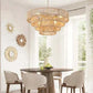 Bohemian woven rattan chandelier with iron frame in natural wood color, farmhouse style lighting fixture