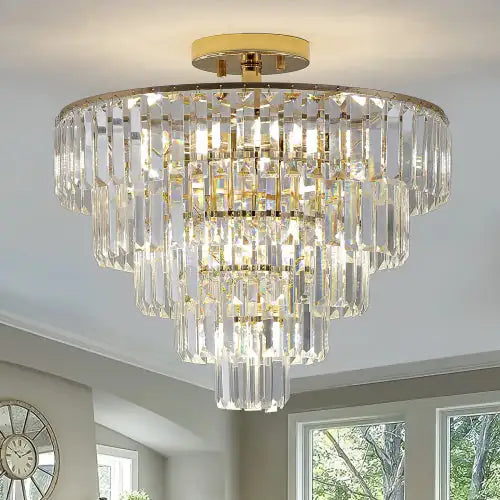 Golden Crystal Chandelier, 5-layer Round Semi-recessed Chandelier Lamp, Large Modern Luxury Chandelier, Suitable For Living Room, Dining Room, Bedroom, Corridor