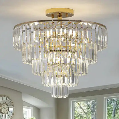 Golden Crystal Chandelier, 5-layer Round Semi-recessed Chandelier Lamp, Large Modern Luxury Chandelier, Suitable For Living Room, Dining Room, Bedroom, Corridor