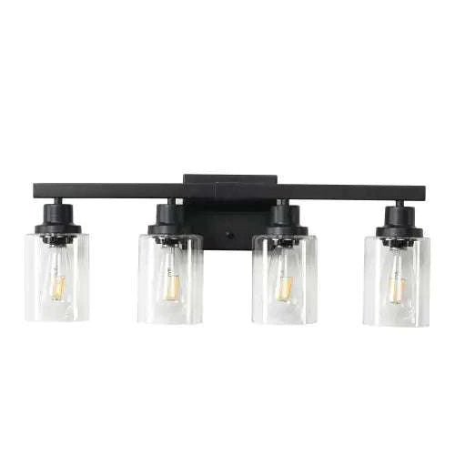 Black rustic and farmhouse wall-mounted lamp with four glass-covered iron lights