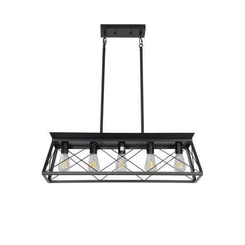 Black iron farmhouse chandelier with five pendant lamps for dining room ceiling lighting