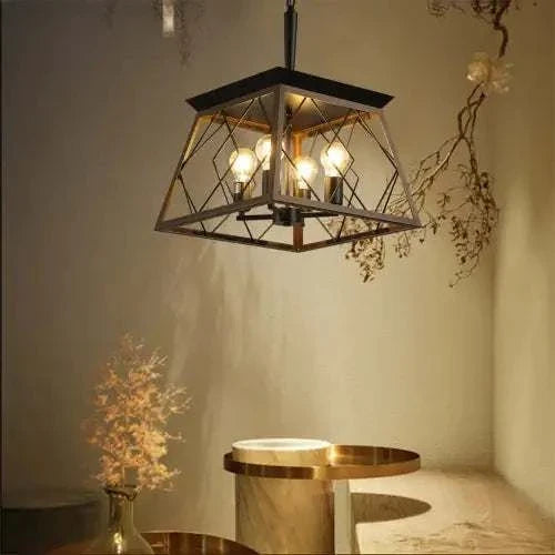 Farmhouse chandelier with 4 vintage lights in walnut and black iron design