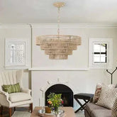 Bohemian woven chandelier with natural wood rattan and iron farmhouse design