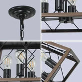 Farmhouse chandelier with 4 vintage lights in walnut and black iron, indoor pendant ceiling lamp.
