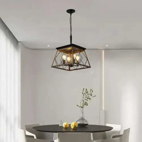 Vintage farmhouse chandelier with 4 lights, walnut and black iron pendant ceiling lamp