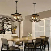 Farmhouse chandelier with 4 vintage lights in walnut and black iron for indoor ceiling use