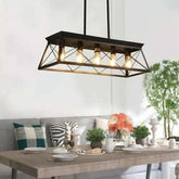 Black iron farmhouse chandelier with five lamps for dining room ceiling, adjustable height pendant light