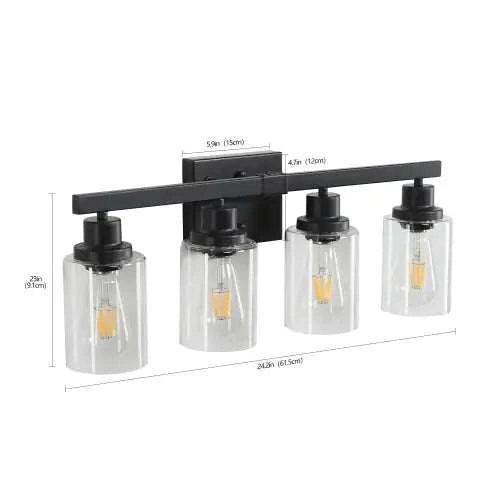 Black rustic farmhouse bathroom wall-mounted lamp with iron and glass design and four E26 bulb sockets
