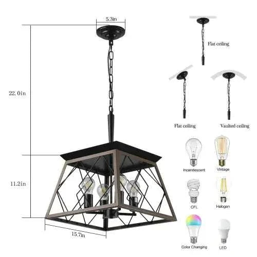 Farmhouse chandelier 4 lights vintage antique iron pendant lamp with walnut and black finish