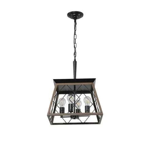 Farmhouse chandelier with 4 vintage lights in walnut and black iron, vintage pendant lamp for indoor living room and dining areas