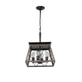 Farmhouse chandelier with 4 vintage lights in walnut and black iron, vintage pendant lamp for indoor living room and dining areas