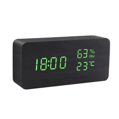 Alarm LED Watch, black rectangular wooden clock with bright green LED time, humidity and temperature display