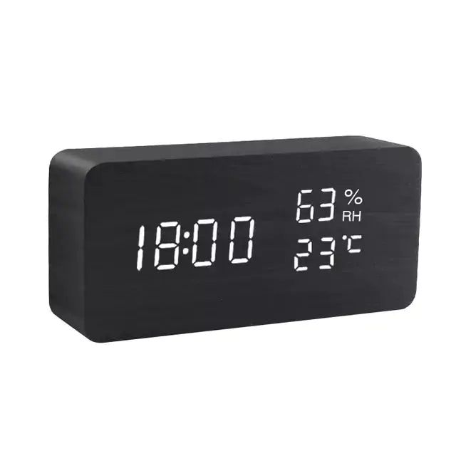 Alarm LED Watch, black rectangular digital clock with bright white LED time, temperature and humidity display