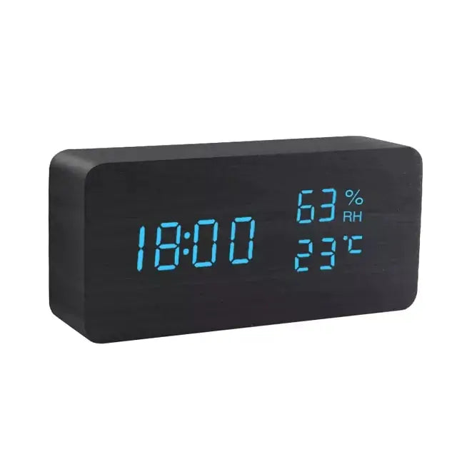 Alarm LED Watch, black rectangular wooden digital clock with blue LED time, humidity, and temperature display
