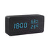 Alarm LED Watch, black rectangular wooden digital clock with blue LED time, humidity, and temperature display