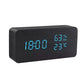 Alarm LED Watch, black rectangular wooden digital clock with blue LED time, humidity, and temperature display