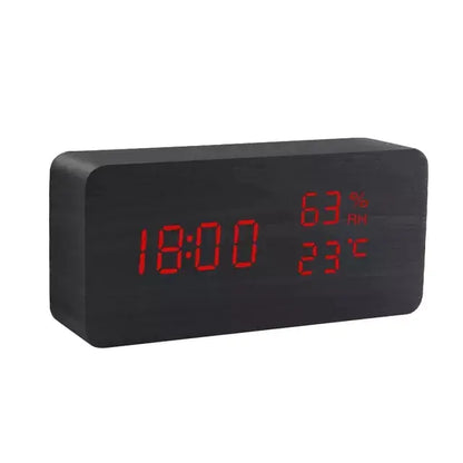Alarm LED Watch, black rectangular digital clock with bright red LED time, humidity and temperature display
