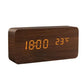 Alarm LED Watch with a dark brown wooden casing and bright orange digital time and temperature display