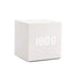 Alarm LED Watch, a white cube-shaped digital clock with a bright LED time display and smooth wooden finish