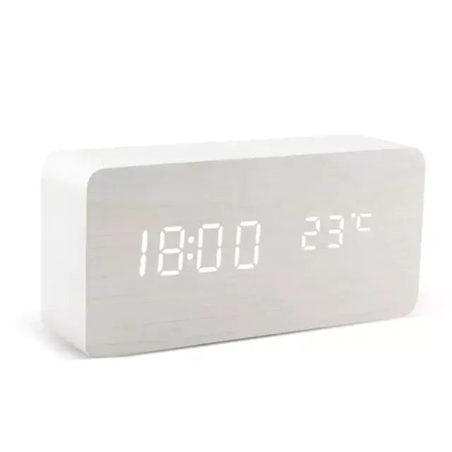 Alarm LED Watch, white rectangular wooden clock with bright digital display showing time and temperature
