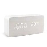 Alarm LED Watch, white rectangular wooden clock with bright digital display showing time and temperature