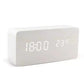 Alarm LED Watch, white rectangular wooden clock with bright digital display showing time and temperature