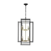 Black & Gold Lantern tiered chandelier with eight lights, featuring a black matte iron frame and gold lampholders in an industrial farmhouse style
