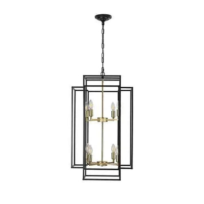 Black & Gold Lantern tiered chandelier with eight lights, featuring a black matte iron frame and gold lampholders in an industrial farmhouse style