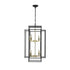 Black & Gold Lantern tiered chandelier with eight lights, featuring a black matte iron frame and gold lampholders in an industrial farmhouse style