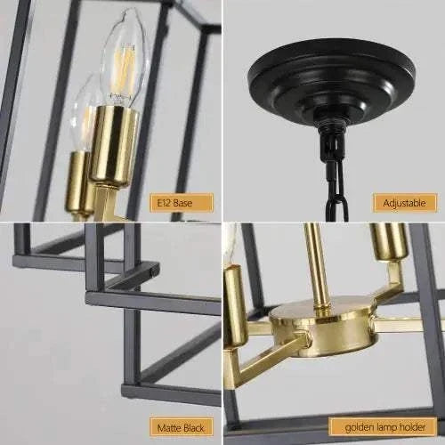 Black & Gold Lantern tiered chandelier with matte black iron frame, gold lamp holders, adjustable height, and E12 base bulbs
