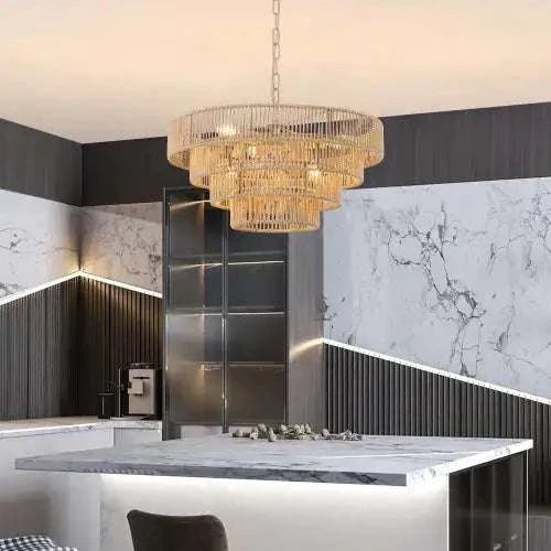 Bohemian Woven Chandelier with multi-tiered natural rattan woven design and gold-toned iron frame hanging over a marble kitchen island