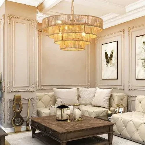 Bohemian Woven Chandelier featuring multi-tiered natural rattan circular shades with warm glowing lights in a beige elegant living room