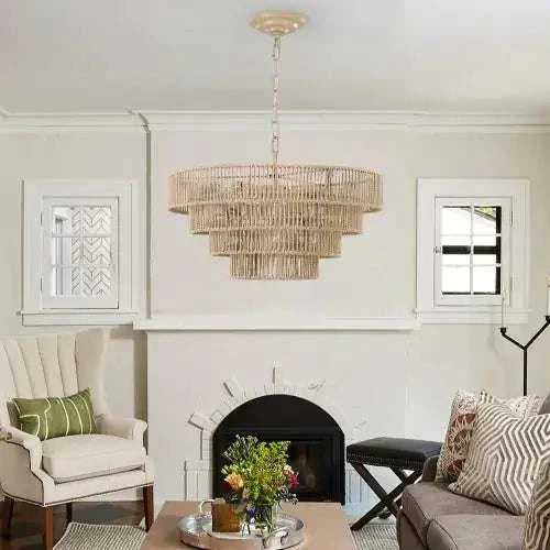 Bohemian Woven Chandelier featuring natural wood-colored woven rattan in a tiered, semi-circular cage design suspended by an adjustable chain